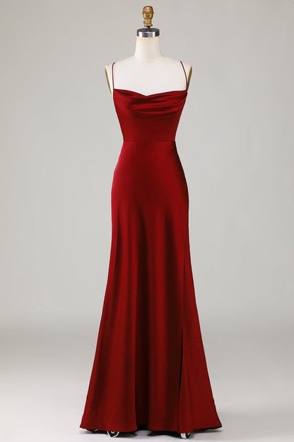 Lace-Up Back Burgundy Long Bridesmaid Dress with Slit