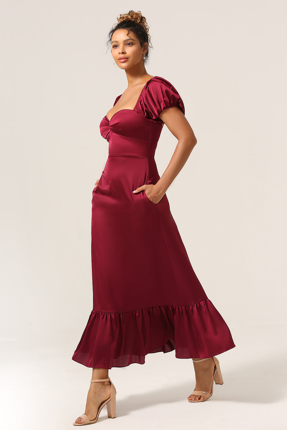 Sweetheart Burgundy Bridesmaid Dress with Puff Sleeves