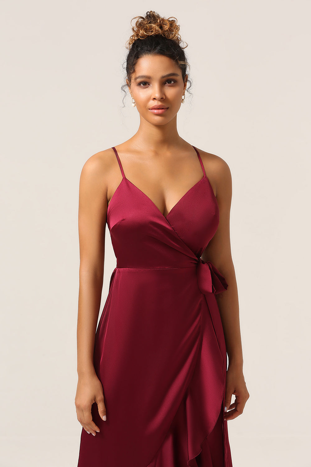 A Line Spaghetti Straps Burgundy Bridesmaid Dress with Ruffles