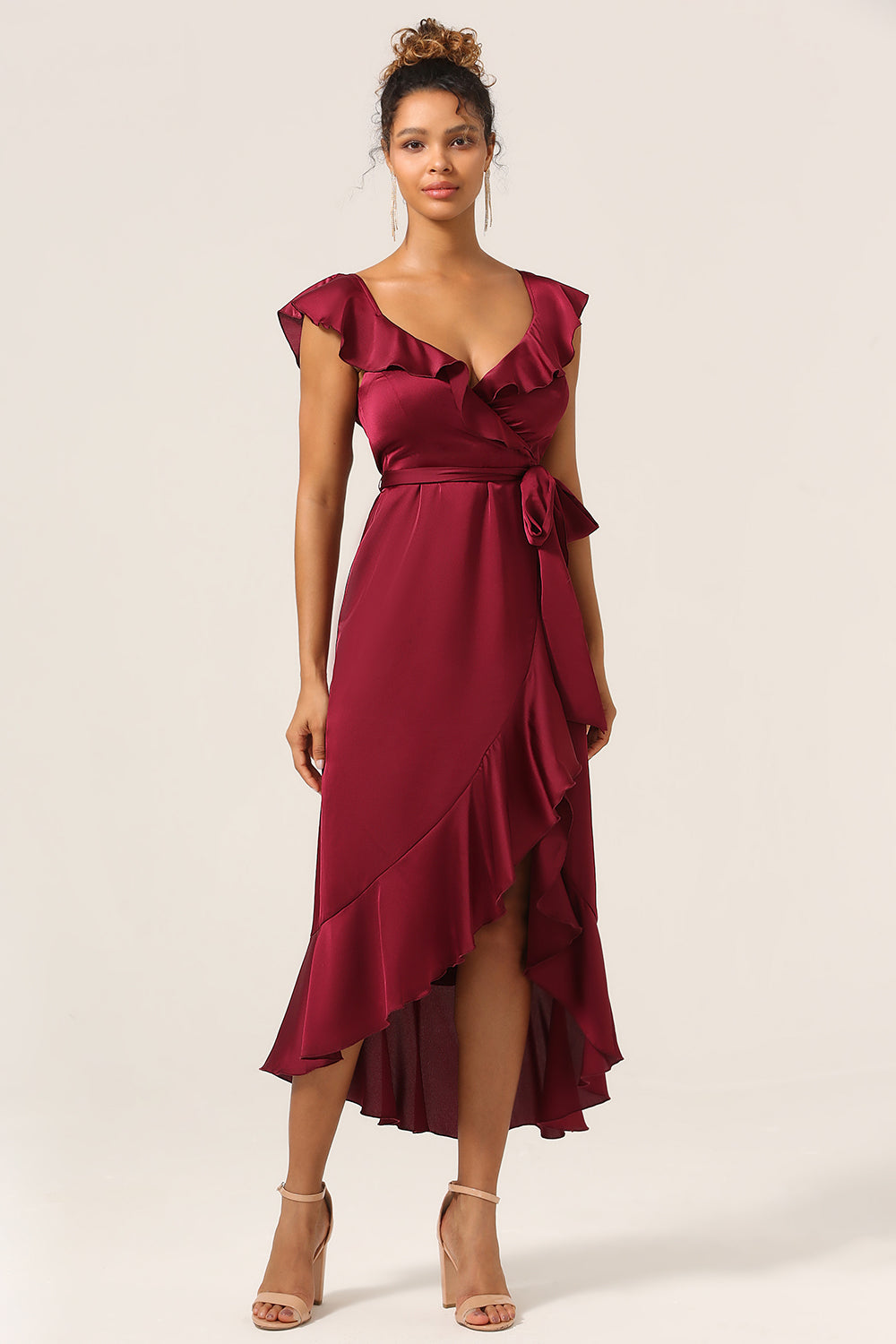 A Line V-Neck Burgundy Bridesmaid Dress with Ruffles