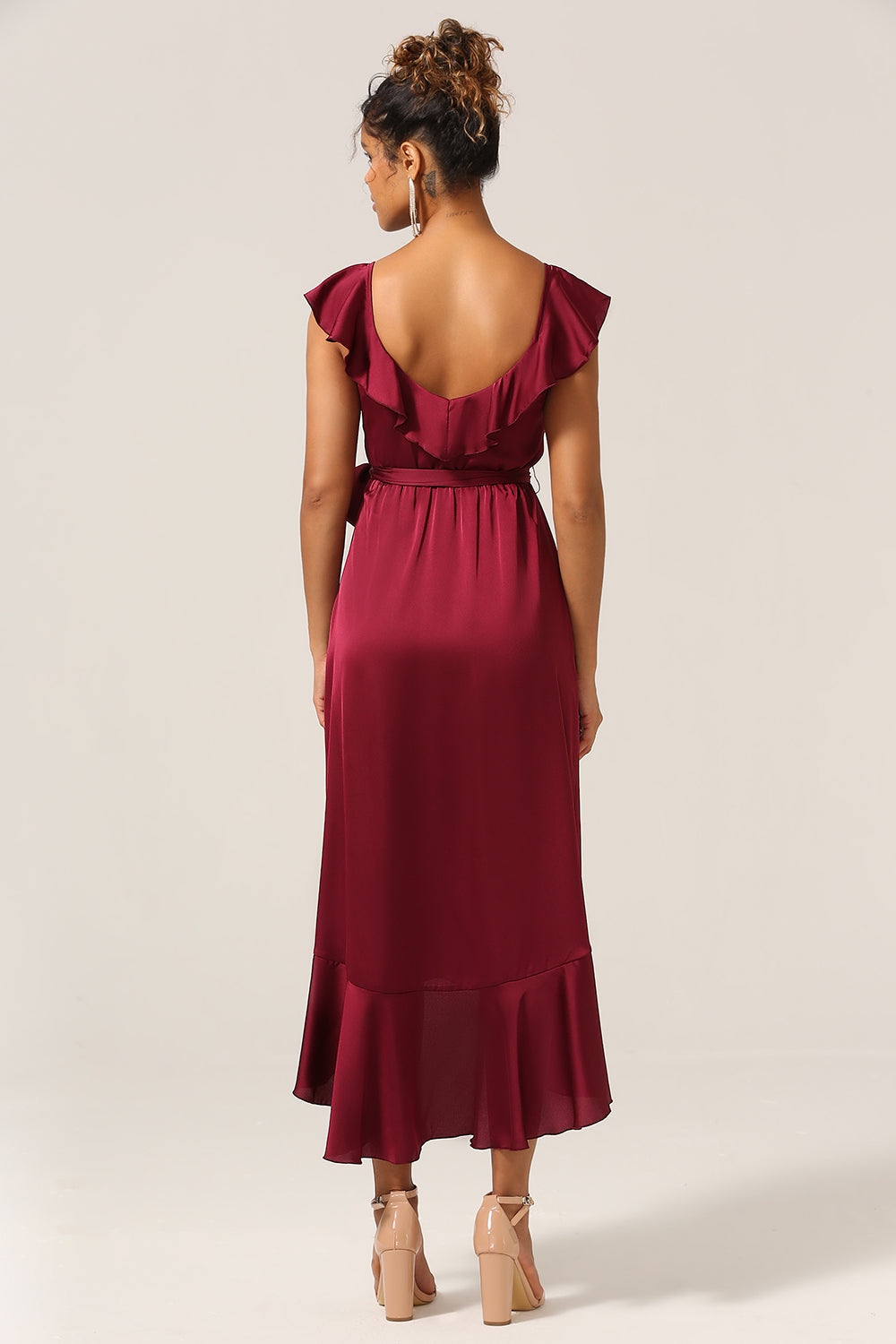 A Line V-Neck Burgundy Bridesmaid Dress with Ruffles