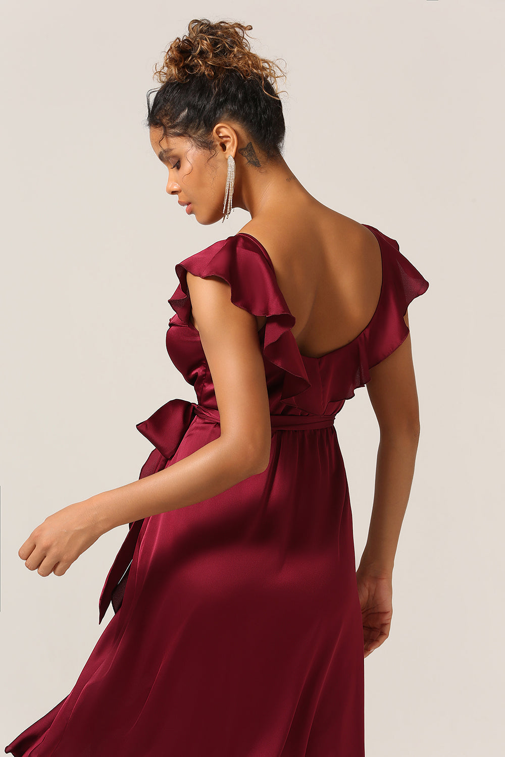 A Line V-Neck Burgundy Bridesmaid Dress with Ruffles