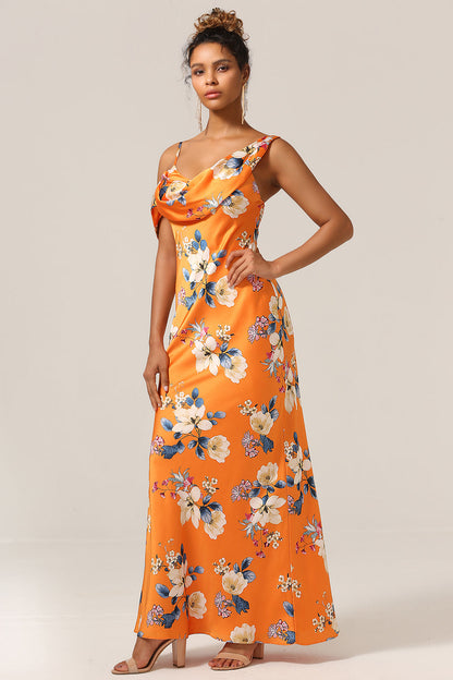 Trendy Mermaid One Shoulder Printed Orange Flower Bridesmaid Dress