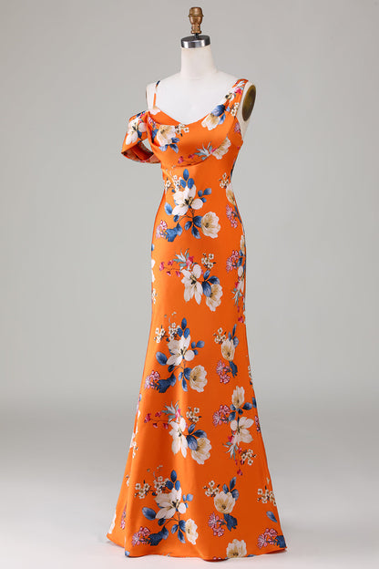 Mermaid Printed Orange Flower Bridesmaid Dress