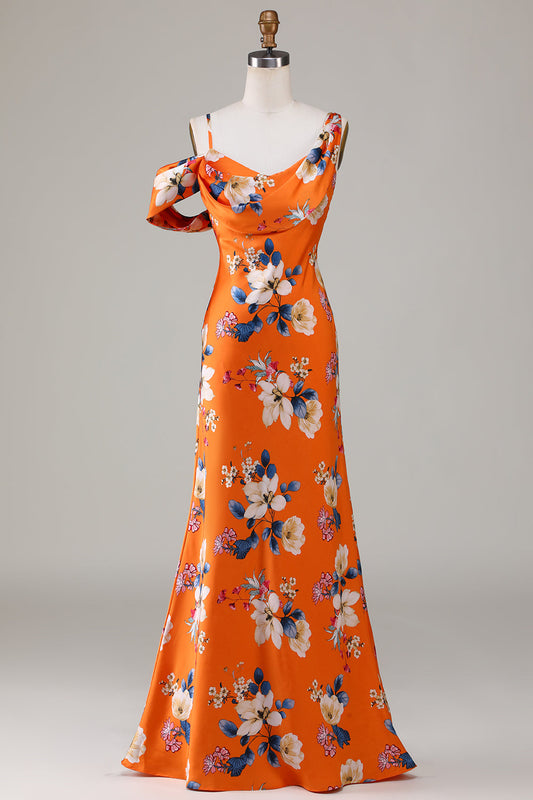 Mermaid Printed Orange Flower Bridesmaid Dress