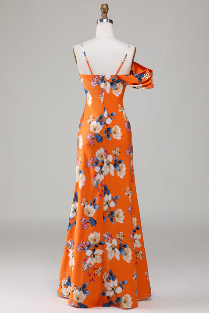 Mermaid Printed Orange Flower Bridesmaid Dress