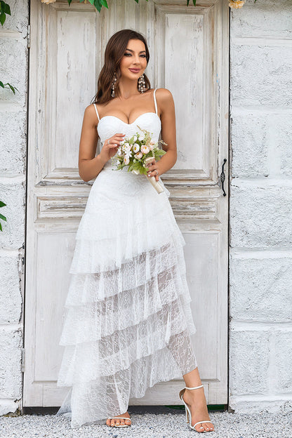 Ivory Lace Asymmetrical Detachable Train Boho Wedding Dress