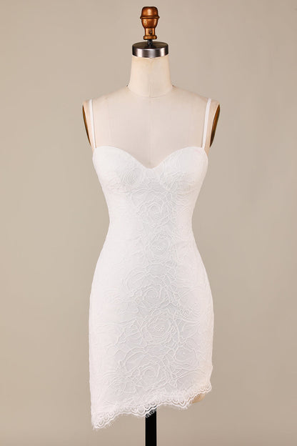 Sheath Spaghetti Straps Ivory Lace Asymmetrical Detachable Train Boho Wedding Dress