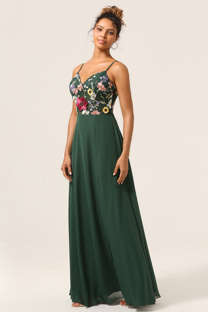 Beauty A-Line Spaghetti Straps Dark Green Long Bridesmaid Dress with 3D Flowers