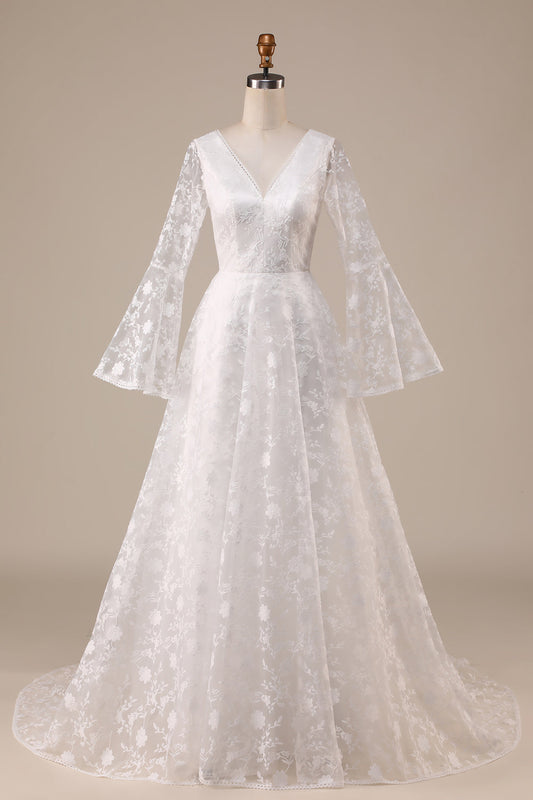 Ivory Lace Flare Sleeves A-Line Wedding Dress