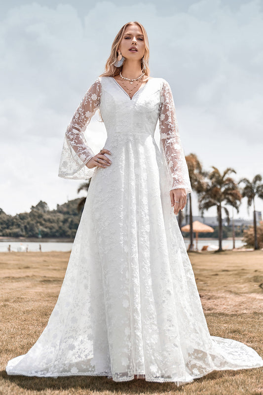 Beauty A Line V Neck Ivory Lace Flare Sleeves Wedding Dress