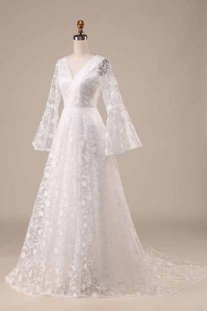 Ivory Lace Flare Sleeves A-Line Wedding Dress