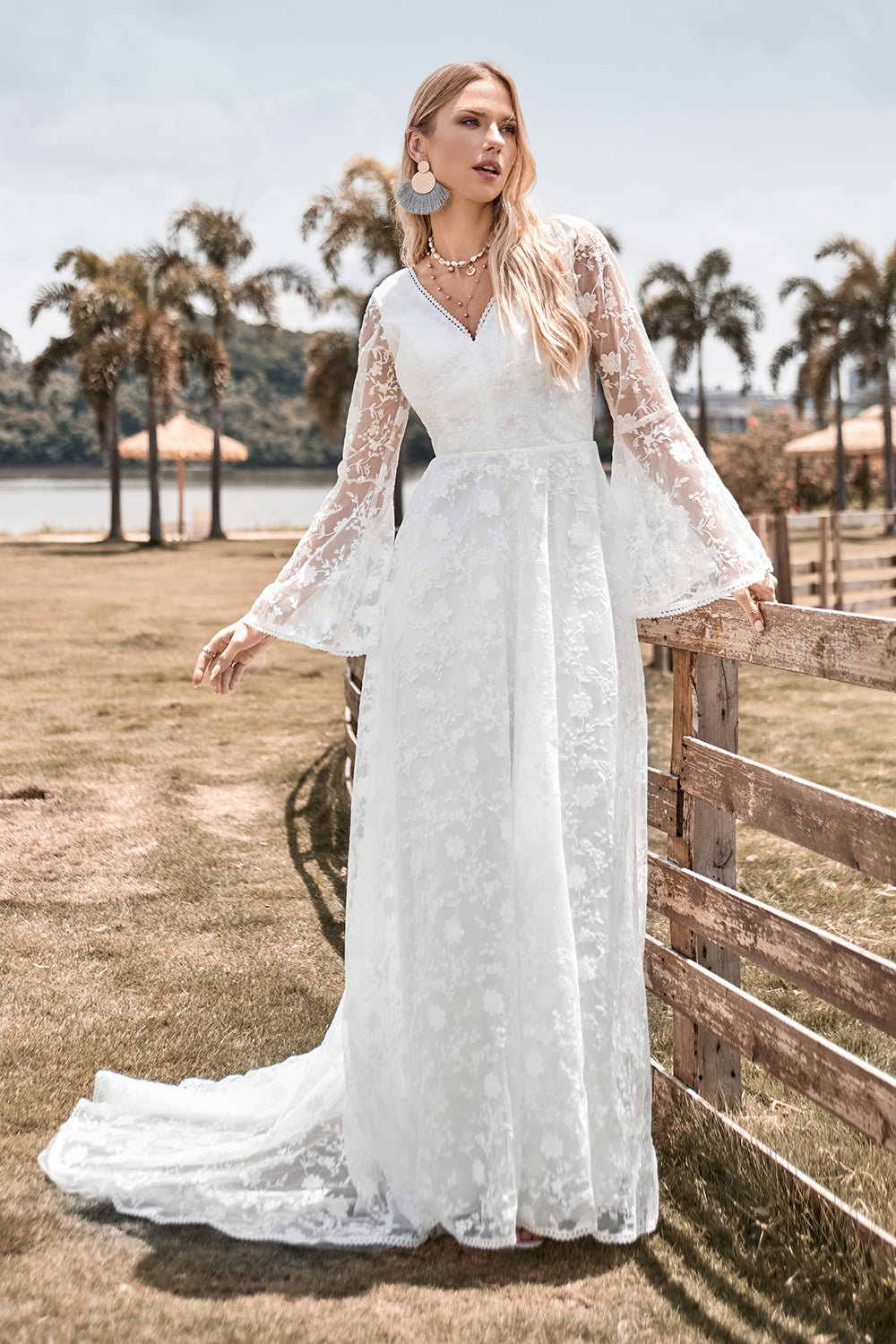 Beauty A Line V Neck Ivory Lace Flare Sleeves Wedding Dress