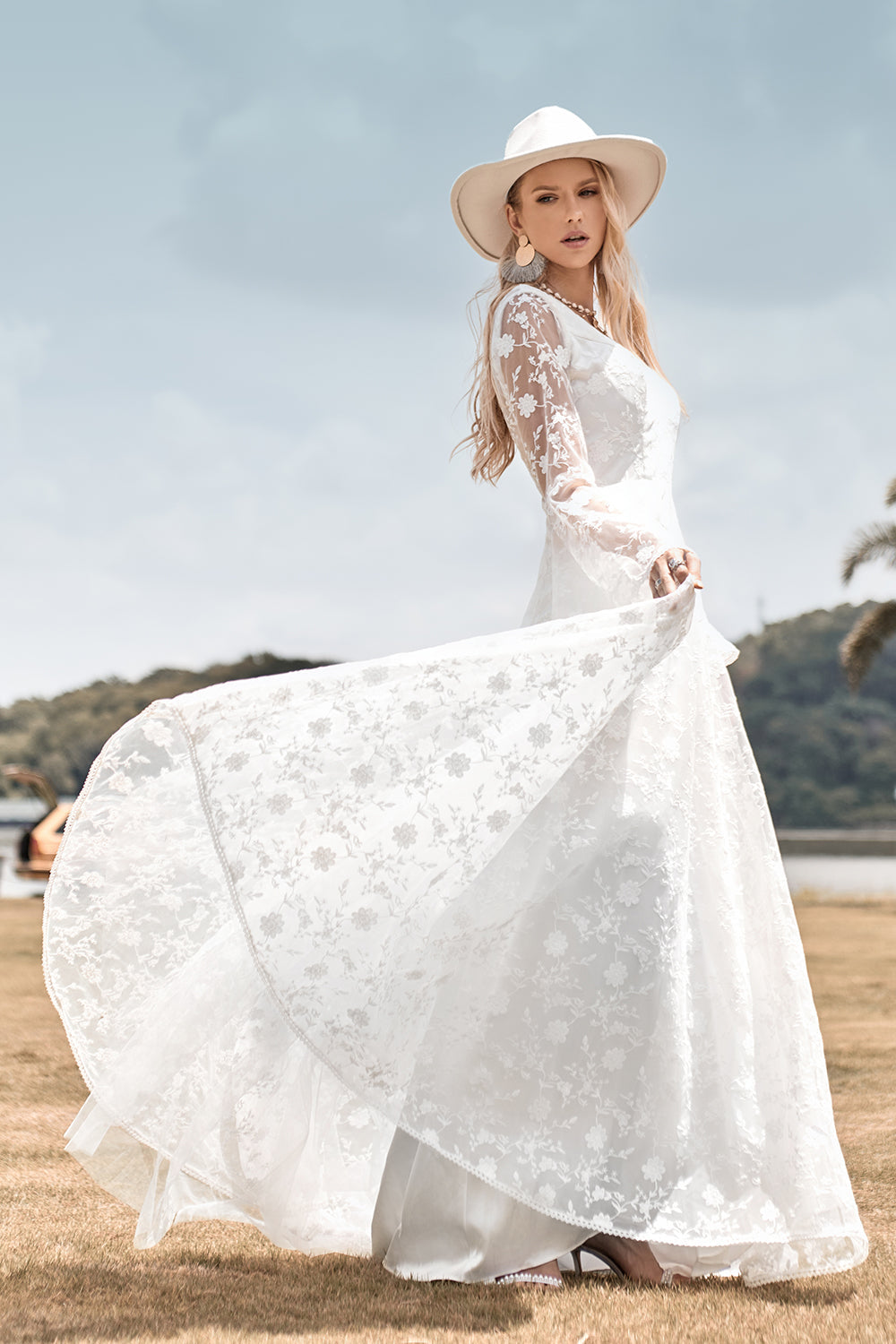 Beauty A Line V Neck Ivory Lace Flare Sleeves Wedding Dress