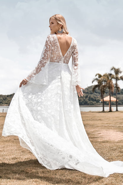 Beauty A Line V Neck Ivory Lace Flare Sleeves Wedding Dress