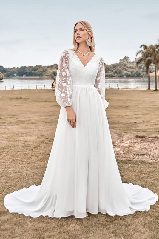 A Line V Neck Ivory Chiffon Sweep Train Boho Wedding Dress with Lace