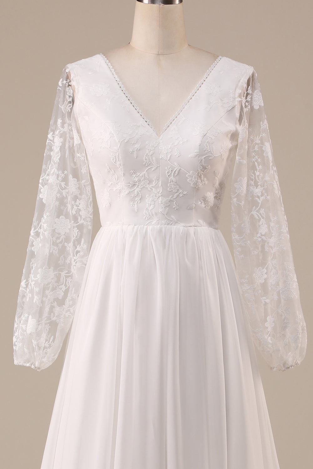 Ivory Chiffon Sweep Train Boho Wedding Dress with Lace