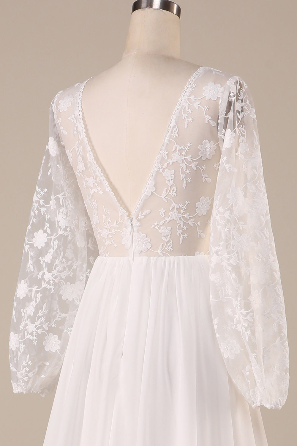 Ivory Chiffon Sweep Train Boho Wedding Dress with Lace