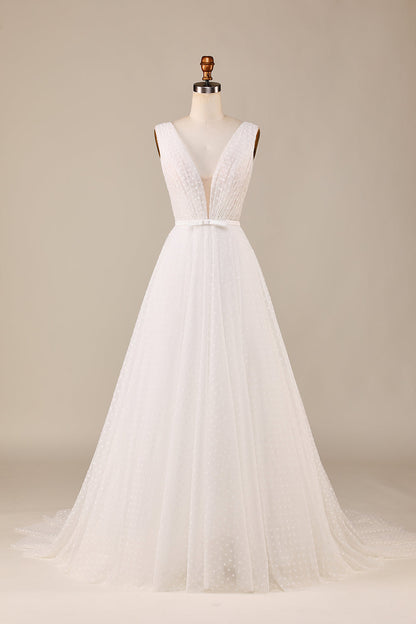 Elegant A Line V Neck Ivory Detachable Watteau Train Tulle Wedding Dress