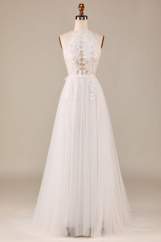 Charming A Line Halter Neck Ivory Open Back Tulle Sweep Train Wedding Dress with Lace