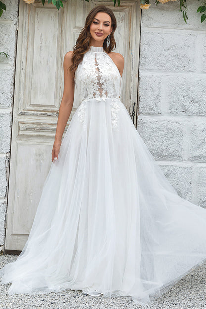 Ivory Open Back Tulle Sweep Train Wedding Dress with Lace