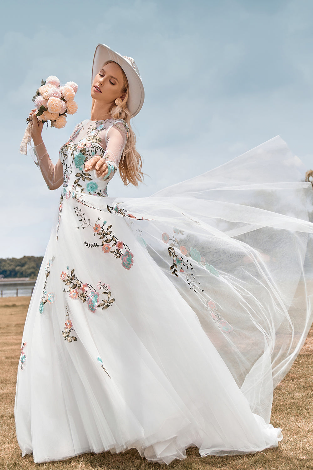 Gorgeous A Line Tulle Long Sleeves Long Ivory Wedding Dress with Embroidery