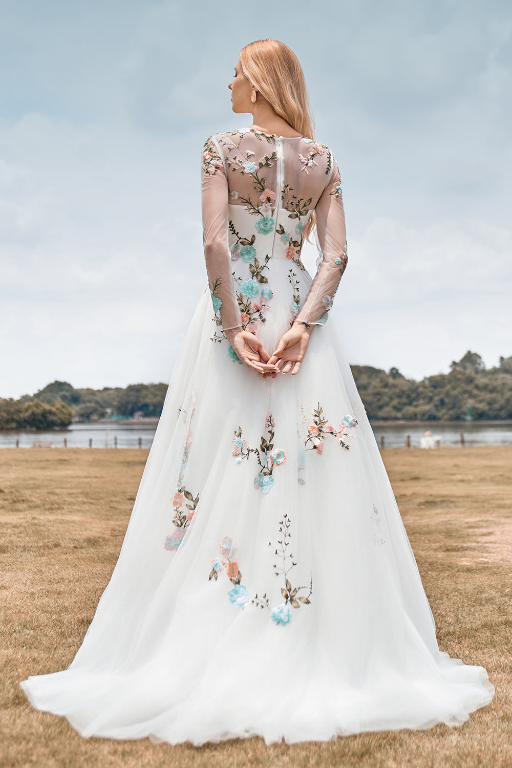 Gorgeous A Line Tulle Long Sleeves Long Ivory Wedding Dress with Embroidery