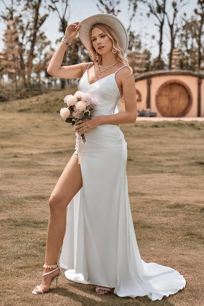 Ivory Boho Satin Simple Mermaid Wedding Dress with Slit