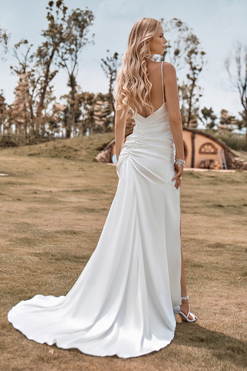 Ivory Boho Satin Simple Mermaid Wedding Dress with Slit