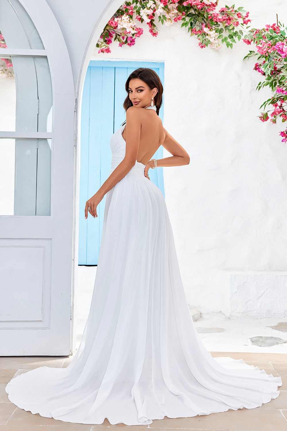 Ivory A-Line Halter Sweep Train Wedding Dress with Slit