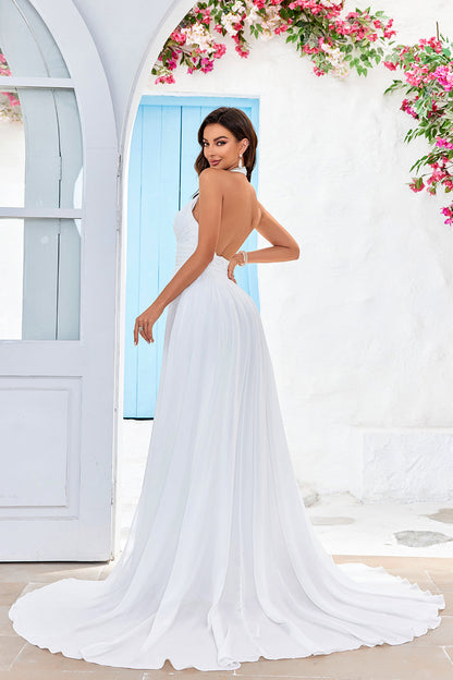 Ivory A-Line Halter Sweep Train Wedding Dress with Slit