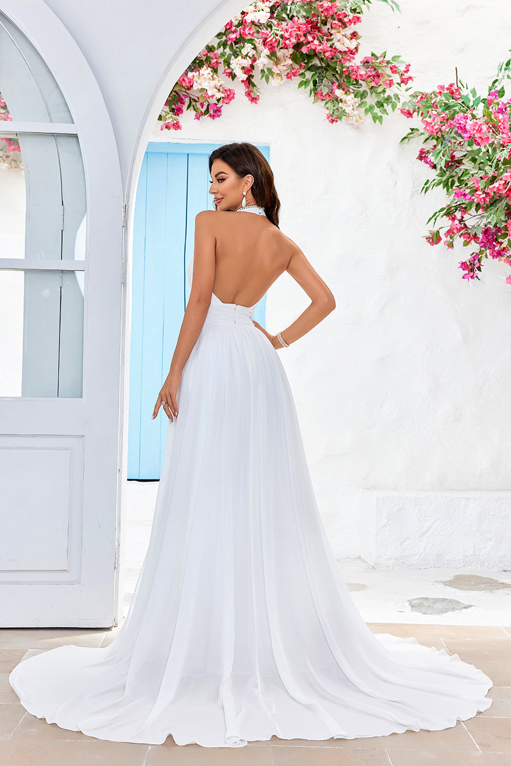 Ivory A-Line Halter Sweep Train Wedding Dress with Slit