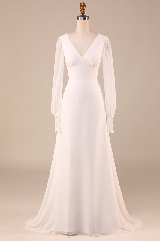 Ivory Long Sleeves Boho Chiffon Open Back Wedding Dress