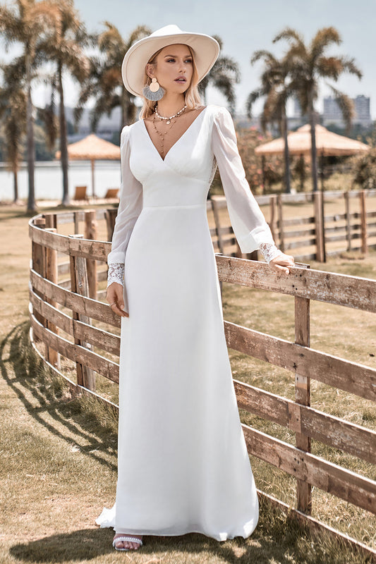 Ivory Boho Simple Sheath Long Sleeves Wedding Dress with Lace