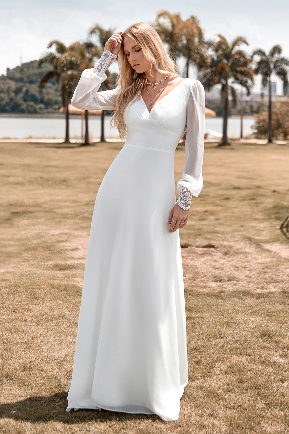 Ivory Boho Simple Sheath Long Sleeves Wedding Dress with Lace