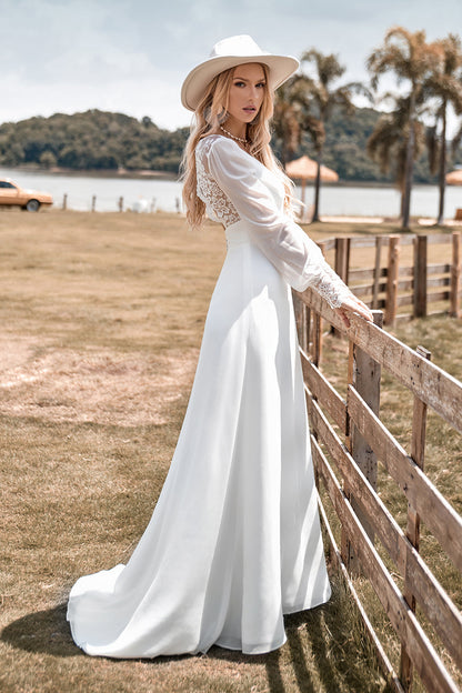 Ivory Boho Simple Sheath Long Sleeves Wedding Dress with Lace