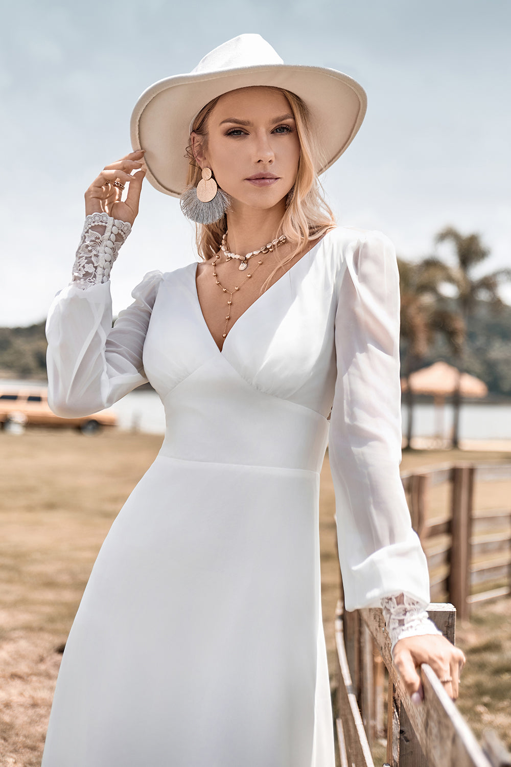 Ivory Boho Simple Sheath Long Sleeves Wedding Dress with Lace