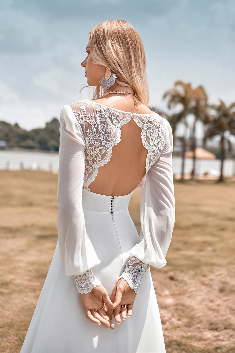 Ivory Boho Simple Sheath Long Sleeves Wedding Dress with Lace