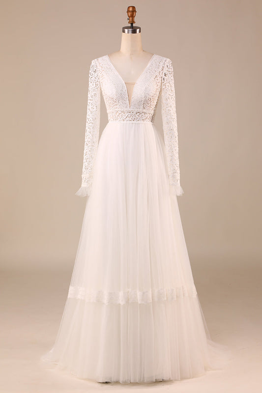 Ivory Long Sleeves Tulle A-Line Wedding Dress with Lace