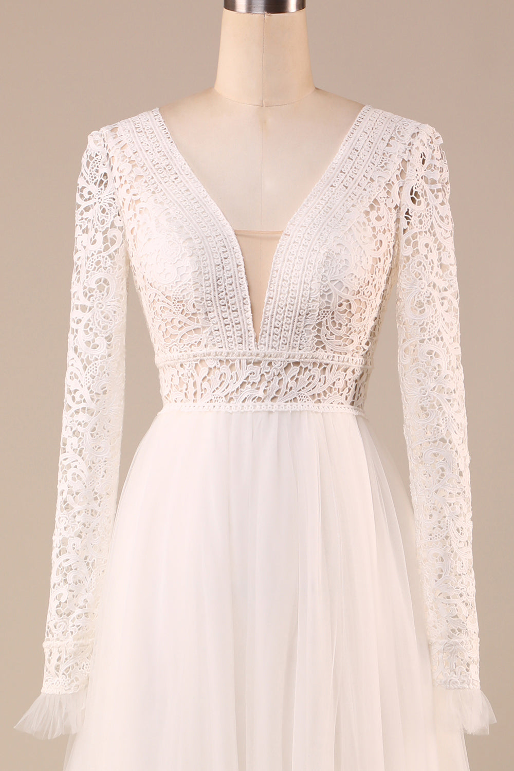 Ivory Long Sleeves Tulle A-Line Wedding Dress with Lace