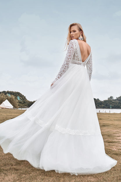 Lace Long Sleeves Deep V-neck Boho Wedding Dress with Backless