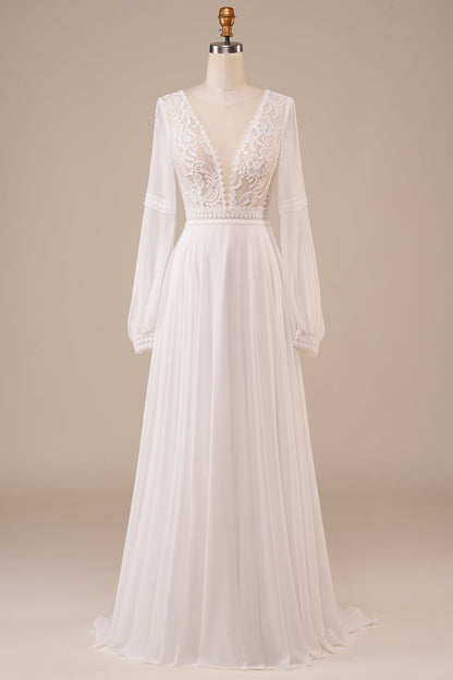 Long Sleeves Ivory Wedding Dress with Lace