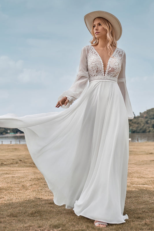 Long Sleeves Ivory A Line Wedding Dress with Lace