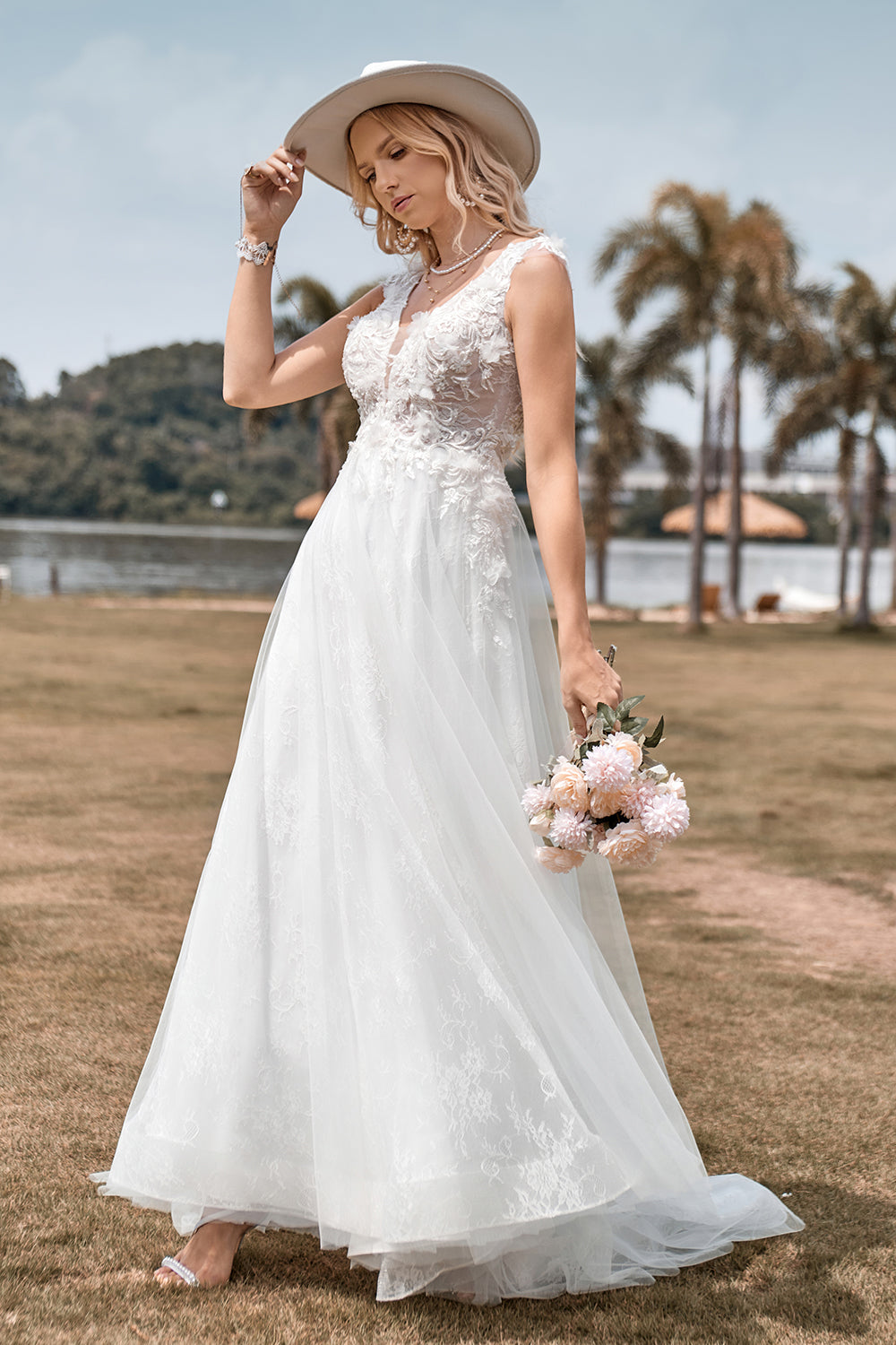 Sparkly Tulle Beaded Ivory Long A Line Wedding Dress