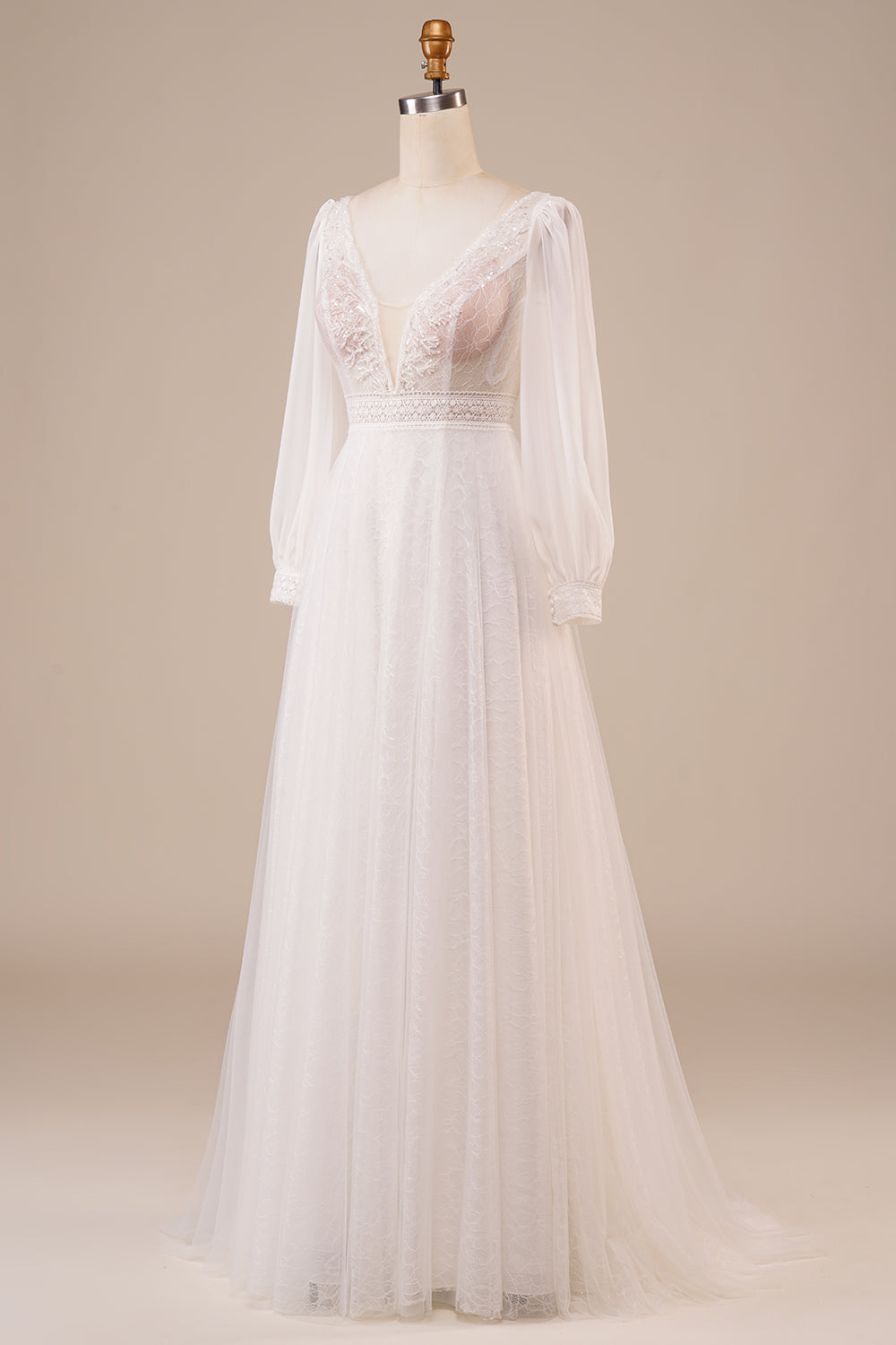 A-Line Tulle Beaded Ivory Wedding Dress with Sleeves