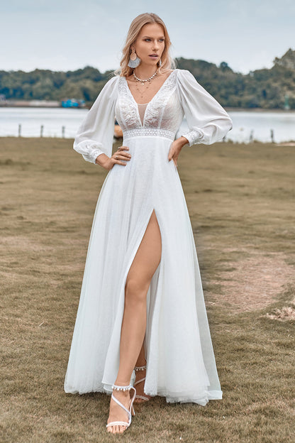 A-Line Tulle Beaded Ivory Wedding Dress with Long Sleeves