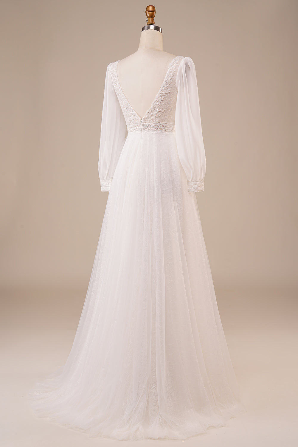 A-Line Tulle Beaded Ivory Wedding Dress with Sleeves