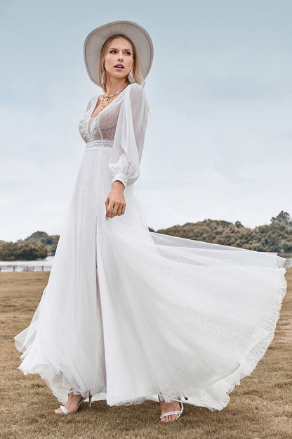 A-Line Tulle Beaded Ivory Wedding Dress with Long Sleeves