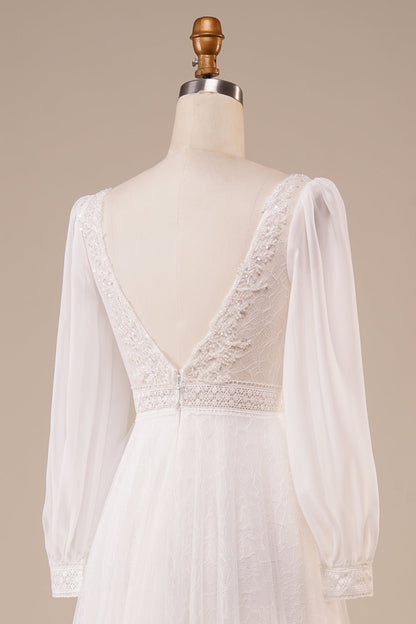 A-Line Tulle Beaded Ivory Wedding Dress with Sleeves