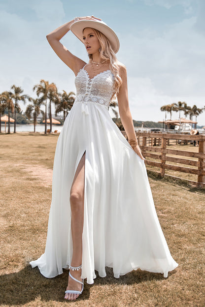 Lace Backless Spaghetti Straps Boho Wedding Dress with with Slit